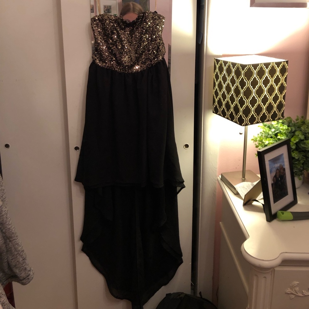 Short in the front long in the back straplessdress